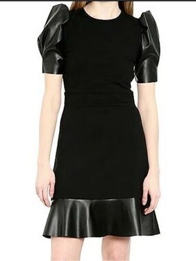 MICHAEL KORS Ponte Faux Leather Trim Puff Sleeve Flounce Dress Black SZ S NWT